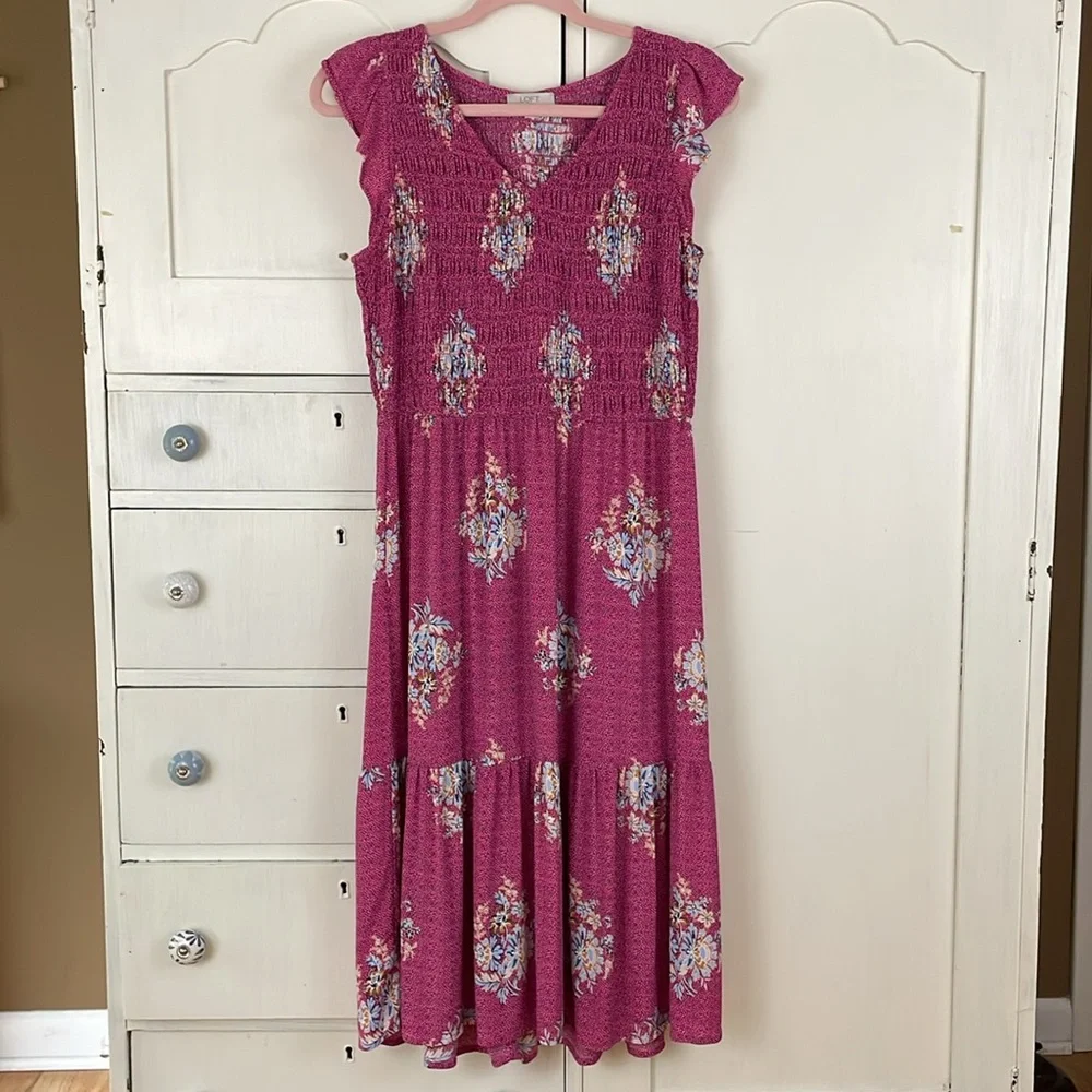LOFT Pink Flutter Sleeve Sundress smocked midi Petite M